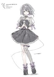 Rule 34 | 1girl, 2021, artist logo, artist name, asymmetrical legwear, black choker, black dress, black footwear, bow, choker, closed mouth, cross, cross choker, dated, dress, english text, frilled dress, frills, full body, grey eyes, grey hair, grey thighhighs, highres, holding, holding microphone, leg ribbon, looking at viewer, microphone, original, own hands together, platform footwear, puffy short sleeves, puffy sleeves, purple bow, purple ribbon, ribbon, see-through, see-through sleeves, short dress, short hair, short sleeves, simple background, single thighhigh, solo, standing, thighhighs, umi cryblue, white background