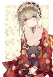 Rule 34 | 1girl, :o, black hairband, blush, bow, brown kimono, cecilia (shiro seijo to kuro bokushi), commentary request, floral background, floral print, frilled hairband, frills, green eyes, green hair, hair between eyes, hairband, japanese clothes, kazutake hazano, kimono, long hair, long sleeves, looking at viewer, no shoes, hugging object, parted lips, print kimono, red bow, shiro seijo to kuro bokushi, sidelocks, socks, solo, stuffed animal, stuffed toy, teddy bear, white socks, wide sleeves