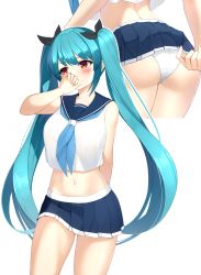 Rule 34 | 1girl, adjusting clothes, adjusting swimsuit, arm behind back, ass, bad id, bad pixiv id, black ribbon, blouse, blue hair, blue neckerchief, blue sailor collar, blue skirt, character request, commission, covering own mouth, dungeon and fighter, hair ribbon, highres, long hair, maemi (maemi12), microskirt, midriff, miniskirt, multiple views, navel, neckerchief, panties, pleated skirt, red eyes, ribbon, sailor collar, school uniform, serafuku, shirt, simple background, skirt, sleeveless, sleeveless shirt, stomach, swimsuit, thighs, twintails, underwear, very long hair, white background, white panties, white shirt