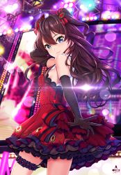 Rule 34 | 1girl, :3, arm up, artist name, black gloves, blue eyes, breasts, bridal garter, brown hair, closed mouth, cowboy shot, dress, earrings, elbow gloves, from side, gloves, hair between eyes, highres, ichinose shiki, idolmaster, idolmaster cinderella girls, infinote, jewelry, legs apart, lens flare, long hair, looking at viewer, red dress, small breasts, smile, solo, stage, stage lights, tsurime, two side up, wavy hair