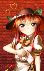 Rule 34 | 1girl, alternate hair color, arm up, bad anatomy, brick wall, food, fruit, hat, heart, highres, hinanawi tenshi, leaf, letter, long hair, looking at viewer, peach, poorly drawn, puffy short sleeves, puffy sleeves, red eyes, red hair, ribbon, short sleeves, sidelocks, signature, smile, solo, touhou, welt (kinsei koutenkyoku)