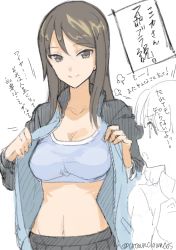 Rule 34 | 10s, 2girls, absurdres, aki (girls und panzer), blush, breasts, brown eyes, brown hair, cosmic (crownclowncosmic), girls und panzer, highres, large breasts, long hair, looking at viewer, midriff, mika (girls und panzer), multiple girls, navel, partially colored, sketch, skirt, smile, sports bra, translation request, twintails
