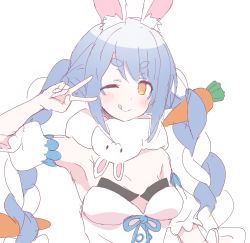 Rule 34 | 1girl, ;q, animal ear fluff, animal ears, arm up, bare shoulders, blue hair, blush, bow, braid, breasts, brown eyes, carrot hair ornament, closed mouth, detached sleeves, don-chan (usada pekora), dress, food-themed hair ornament, hair bow, hair ornament, hololive, long hair, multicolored hair, one eye closed, puffy short sleeves, puffy sleeves, rabbit ears, short sleeves, simple background, small breasts, smile, solo, strapless, strapless dress, tadanoshi kabane, thick eyebrows, tongue, tongue out, twin braids, twintails, two-tone hair, upper body, usada pekora, usada pekora (1st costume), v over eye, very long hair, virtual youtuber, white background, white bow, white dress, white hair, white sleeves