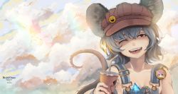 Rule 34 | 1girl, alternate costume, animal ears, artist name, blizzomos, brown hat, cloud, cup, drinking straw, grey hair, hat, head tilt, highres, looking at viewer, mouse ears, mouse tail, mug, naked overalls, nazrin, one eye closed, open mouth, overalls, red eyes, smile, solo, suspenders, tail, teeth, touhou, upper body