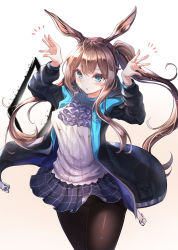 Rule 34 | 1girl, absurdres, amiya (arknights), animal ears, arknights, ascot, beige background, black jacket, black pantyhose, blue ascot, blue eyes, blue skirt, blush, breasts, brown hair, commentary, cowboy shot, gradient background, hands up, highres, jacket, long hair, long sleeves, looking at viewer, mecha (alswp), medium breasts, microskirt, open clothes, open jacket, pantyhose, parted lips, pleated skirt, ponytail, rabbit ears, shirt, skirt, solo, standing, thighs, very long hair, white background, white shirt