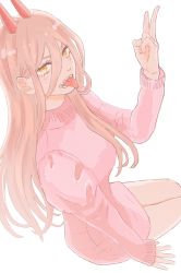 Rule 34 | 1girl, bare legs, chainsaw man, eyelashes, fang, fangs, hair between eyes, highres, horns, long hair, long sleeves, looking at viewer, nori 8710, pink hair, pink sweater, power (chainsaw man), sharp teeth, shueisha, sitting, sleeves past elbows, solo, sweater, teeth, tongue, tongue out, unusual pupils, v, white background, yellow eyes