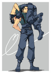 Rule 34 | 2boys, angeal hewley, armor, ass, baggy pants, belt, black hair, blue pants, blue shirt, boots, border, carrying over shoulder, crisis core final fantasy vii, final fantasy, final fantasy vii, full body, gloves, grey background, hand on another&#039;s back, hand on own hip, looking to the side, male focus, medium hair, multiple belts, multiple boys, muscular, muscular male, open mouth, pandabakajanai, pants, parted bangs, parted lips, shirt, shoulder armor, sleeveless, sleeveless turtleneck, smile, spiked hair, square enix, suspenders, turtleneck, white border, zack fair