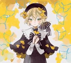 Rule 34 | androgynous, beret, blonde hair, blush, capelet, commentary, falling leaves, ginkgo tree, ginkgo leaf, hat, leaf, long sleeves, looking at viewer, myaco9, original, parted lips, sailor collar, short hair, solo