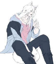 Rule 34 | 1boy, animal ears, blue eyes, cat boy, cat ears, cat tail, devil may cry (series), holding, hood, jacket, long hair, male focus, minoxis, nero (devil may cry), open mouth, simple background, solo, tail, very long hair, white hair