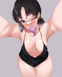 Rule 34 | 1girl, absurdres, armpits, black camisole, black hair, blue eyes, blush, bottomless, breasts, camisole, closed mouth, commentary, commission, condom, condom in mouth, condom wrapper, cowboy shot, foreshortening, girls und panzer, grey background, head tilt, highres, kshimu, leaning forward, looking at viewer, low twintails, medium breasts, mouth hold, navel, nina (girls und panzer), one eye closed, pov, pussy juice, short hair, short twintails, simple background, skeb commission, smile, solo, standing, steam, sweat, thigh gap, twintails