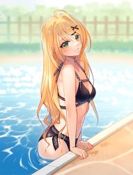 Rule 34 | 1girl, ahoge, bare arms, bare shoulders, bikini, black bikini, blonde hair, blurry, blurry background, blush, breasts, cleavage, collarbone, day, depth of field, green eyes, hair ornament, hairclip, hyanna-natsu, long hair, looking at viewer, medium breasts, original, outdoors, parted lips, partially submerged, pool, poolside, smile, solo, swimsuit, very long hair, water, wet, x hair ornament