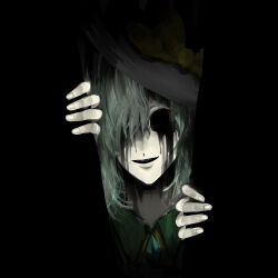 Rule 34 | 1girl, black background, black hat, black tears, bow, collared shirt, commentary request, doorway, fingernails, green hair, grey hair, hair between eyes, hair over one eye, hat, hat bow, highres, hollow eyes, hollow mouth, horror (theme), komeiji koishi, long bangs, looking at viewer, pov doorway, shirt, solo, takayo (user yeah3737), touhou, upper body, yellow bow