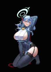 Rule 34 | 1girl, ako (blue archive), bell, black background, black gloves, black pantyhose, black skirt, black thighhighs, blue archive, blue coat, blue eyes, blue hair, blue hairband, breasts, closed mouth, coat, cowbell, earrings, full body, garter straps, gloves, hair between eyes, hairband, half gloves, halo, highres, jewelry, kneeling, large breasts, lipstick, long hair, makeup, miniskirt, neck bell, pantyhose, sideboob, simple background, skirt, smile, solo, stud earrings, taut clothes, thighhighs, yin lan xue, zettai ryouiki
