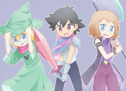 Rule 34 | 1girl, 2boys, :d, akasaka (qv92612), alternate costume, ash ketchum, axe, blonde hair, blue eyes, brown hair, capelet, clemont (pokemon), coat, commentary request, creatures (company), dress, eyelashes, game freak, glasses, gloves, green dress, green headwear, hat, highres, holding, holding axe, holding sword, holding weapon, multiple boys, nintendo, open mouth, pants, pokemon, pokemon (anime), pokemon xy (anime), purple pants, purple scarf, red eyes, scarf, serena (pokemon), short hair, sleeveless, sleeveless coat, smile, sweatdrop, sword, tongue, weapon