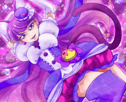 Rule 34 | 10s, 1girl, animal ears, arms up, bow, bubble skirt, cat ears, cat tail, cowboy shot, cure macaron, dress, earrings, elbow gloves, extra ears, food-themed hair ornament, gloves, hair ornament, jewelry, kirakira precure a la mode, kotozume yukari, layered dress, light particles, long hair, looking at viewer, macaron hair ornament, magical girl, nobumoto, parted lips, precure, puffy sleeves, purple background, purple bow, purple dress, purple eyes, purple hair, purple theme, purple thighhighs, skirt, smile, solo, tail, thighhighs, white gloves
