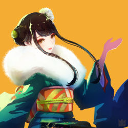 Rule 34 | 1girl, bad id, bad pixiv id, brown eyes, brown hair, closed mouth, commentary request, copyright request, flower, fur collar, furisode, green kimono, hair flower, hair ornament, hand up, head tilt, japanese clothes, kimono, long hair, long sleeves, minyom, obi, orange background, sash, sidelocks, simple background, smile, solo, upper body, white flower, wide sleeves