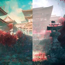 Rule 34 | absurdres, architecture, building, cloud, cloudy sky, east asian architecture, fog, grass, highres, huge filesize, no humans, original, outdoors, overgrown, rope, scenery, shrine, sky, split screen, stairs, stone lantern, stone stairs, stone walkway, tomo ro, torii, tree
