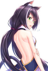 Rule 34 | 1girl, animal ear fluff, animal ears, back, back focus, backless outfit, bare arms, bare shoulders, black hair, blush, cat ears, cat tail, flying sweatdrops, green eyes, highres, karyl (princess connect!), long hair, looking at viewer, looking back, low twintails, multicolored hair, open mouth, princess connect!, shoulder blades, simple background, solo, streaked hair, tail, tomo (tmtm mf mf), twintails, very long hair, white background, white hair