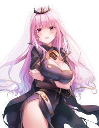 Rule 34 | 1girl, black cape, breast press, breasts, cape, chocofox, cleavage, crown, detached sleeves, dress, highres, hololive, hololive english, lace-trimmed veil, lace trim, large breasts, long hair, looking at viewer, mori calliope, open mouth, pink eyes, pink hair, purple dress, shoulder spikes, simple background, solo, spikes, thighs, torn cape, torn clothes, veil, very long hair, virtual youtuber, white background
