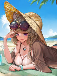 Rule 34 | 1girl, animal ear fluff, animal ears, aqua nails, arknights, artist request, beach, bikini, blonde hair, blue sky, bracelet, braid, breasts, cat ears, cleavage, cloud, collarbone, crazy straw, day, drinking straw, eyewear on head, grey bikini, grey shorts, hat, heart straw, jewelry, large breasts, looking at viewer, lying, nail polish, ocean, official alternate costume, on stomach, open mouth, outdoors, palm tree, platinum blonde hair, purple-tinted eyewear, purple eyes, sand, shawl, short hair, shorts, side braid, sky, smile, solo, striped bikini, striped clothes, sun hat, sunglasses, swimsuit, swimsuit cover-up, tinted eyewear, tree, utage (arknights), utage (summer flowers) (arknights), vertical-striped bikini, vertical-striped clothes