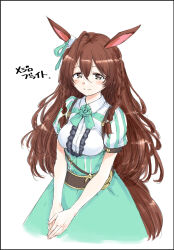 Rule 34 | 1girl, ahoge, animal ears, blue dress, blush, braid, breasts, brown eyes, brown hair, brown tail, character request, closed mouth, dress, hamao, highres, horse ears, horse tail, long hair, looking at viewer, medium breasts, short sleeves, simple background, smile, solo, tail, translation request, umamusume, white background