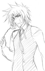 Rule 34 | 00s, 1boy, buttons, collared shirt, dress shirt, greyscale, looking at viewer, lyrical nanoha, mahou shoujo lyrical nanoha, mahou shoujo lyrical nanoha a&#039;s, male focus, monochrome, shirt, simple background, sketch, solo, spiked hair, upper body, vest, white background, zafira