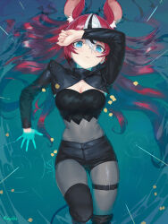 Rule 34 | 1girl, absurdres, animal ear fluff, animal ears, arm up, black footwear, black hair, black shorts, black tube top, blackberry baelz, blue eyes, boots, breasts, cleavage, cleavage cutout, clothing cutout, hakos baelz, highres, hololive, hololive english, long hair, looking at viewer, medium breasts, mouse ears, mouse girl, multicolored hair, rayillu, red hair, short shorts, shorts, solo, strapless, streaked hair, thigh strap, tube top, virtual youtuber, water, white hair