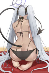 Rule 34 | 1girl, absurdres, ass, back, bare arms, bare legs, bare shoulders, barefoot, bikini, black bikini, black ribbon, black tail, blue archive, breasts, butt crack, demon tail, from behind, grey hair, hair ribbon, halo, highres, hovaku, iori (blue archive), iori (swimsuit) (blue archive), long hair, purple halo, ribbon, simple background, small breasts, soles, solo, swimsuit, tail, toes, twintails, white background