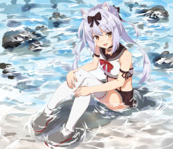 Rule 34 | 1girl, anchor necklace, animal ears, anime coloring, azur lane, bad id, bad pixiv id, bow, breasts, collar, dog ears, edmond suzuki, fang, full body, hair bow, hands on own knees, highres, knees up, long hair, looking at viewer, midriff, miniskirt, necklace, open mouth, orange eyes, partially submerged, sailor collar, shoes, silver hair, sitting, skirt, small breasts, solo, thighhighs, water, white thighhighs, yukikaze (azur lane), zettai ryouiki