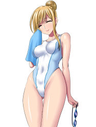 Rule 34 | 1girl, blonde hair, breasts, competition swimsuit, closed eyes, goggles, unworn goggles, highleg, highleg swimsuit, long hair, one-piece swimsuit, sen (sansui), smile, solo, swimsuit