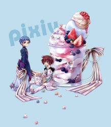 Rule 34 | 2boys, :o, asbel lhant, bad id, bad pixiv id, blue eyes, blue hair, blueberry, bow, brothers, candy, coat, food, fruit, glasses, hubert ozwell, multiple boys, pants, parfait, popcorn, red hair, ribbon, shoes, siblings, sitting, star (symbol), strawberry, tales of (series), tales of graces, yuki (port fairy)
