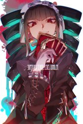 Rule 34 | 1girl, black hair, black jacket, black nails, card, celestia ludenberg, center frills, danganronpa: trigger happy havoc, danganronpa (series), drill hair, earrings, frills, green background, grin, highres, holding, holding card, jacket, jewelry, long hair, long sleeves, nail polish, necktie, playing card, print necktie, red necktie, simple background, smile, solo, ssssecret49, teeth, twin drills, twintails, upper body, white background