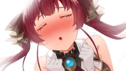 Rule 34 | 1girl, absurdres, ascot, blush, brooch, closed eyes, facing viewer, gloves, hair ribbon, highres, hololive, houshou marine, incoming kiss, jewelry, long hair, puckered lips, red ascot, red hair, red ribbon, ribbon, simple background, solo, tonarikeru, twintails, upper body, virtual youtuber, white background, white gloves