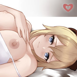 Rule 34 | 1girl, bare shoulders, blonde hair, blue eyes, blush, breasts, breasts out, genshin impact, hair between eyes, heart, highres, iiros, jean (genshin impact), large breasts, light smile, looking at viewer, lying, nipples, on side, smile, solo, spaghetti strap, strap slip, upper body