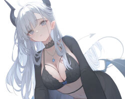 Rule 34 | 1girl, bad id, bad twitter id, breasts, cleavage, closed mouth, demon horns, demon tail, demon wings, grey eyes, hair on horn, highres, horns, large breasts, leaning forward, long hair, looking at viewer, navel, nekojira, original, simple background, solo, tail, thea (nekojira), white background, white hair, wings