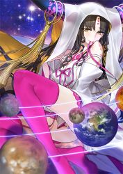 Rule 34 | 10s, 1girl, bare shoulders, between legs, black hair, breasts, earth (planet), facial mark, fate/extra, fate/extra ccc, fate/grand order, fate (series), forehead mark, hand between legs, horns, large breasts, long hair, looking at viewer, moon, mouth hold, no bra, ribbon, ribbon in mouth, sessyoin kiara, sideboob, smile, solo, space, thighs, wada arco, wavy hair, yellow eyes