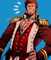 Rule 34 | 1boy, asukasuka, bara, beard, blue eyes, brown hair, commentary request, epaulettes, facial hair, fate/grand order, fate (series), hand on own hip, large pectorals, long sideburns, long sleeves, looking at viewer, male focus, military, muscular, napoleon bonaparte (fate), pectorals, scar, short hair, simple background, smile, solo, teeth, uniform