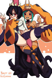 Rule 34 | 2girls, aqua hair, aqua lips, bare shoulders, black eyes, black hair, black legwear, blue legwear, blue lips, blue skirt, boots, breasts, cerebella (skullgirls), cleavage, clothed sex, crossed legs, cunnilingus, dress, filia (skullgirls), finger in another&#039;s mouth, futakuchi-onna, hat, held up, high boots, lips, lipstick, living clothes, living hair, long hair, long tongue, looking at viewer, makeup, monster, monster girl, multiple girls, navel, necktie, no panties, object insertion, one eye closed, open mouth, oral, parasite, rape, red eyes, restrained, saltyicecream, samson (skullgirls), school uniform, sex, short dress, signature, simple background, skirt, skull, skullgirls, spread legs, tears, teeth, thighhighs, tongue, tongue out, torn clothes, torn legwear, uncensored, vaginal, vice-versa (skullgirls)