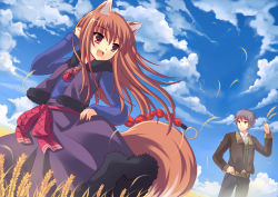 Rule 34 | 00s, 1boy, 1girl, animal ears, bad id, bad pixiv id, brown hair, cloud, craft lawrence, day, holo, open mouth, peach88, pouch, red eyes, silver hair, skirt, sky, spice and wolf, tail, vest, wheat, wolf ears, wolf tail