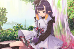 Rule 34 | 1girl, absurdres, black footwear, black gloves, boots, bow, bowtie, closed mouth, dress, gloves, grey eyes, hat, highres, hololive, hololive english, kiwwwwwi, long hair, long sleeves, ninomae ina&#039;nis, ninomae ina&#039;nis (party dress), outdoors, pointy ears, purple hair, sitting, smile, takodachi (ninomae ina&#039;nis), tentacle hair, tree, virtual youtuber, white gloves