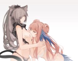 Rule 34 | 2girls, ;(, absurdres, animal ears, arknights, bird girl, bird tail, black bra, black panties, blunt bangs, bra, bra pull, grabbing another&#039;s breast, breast smother, breasts, brown hair, cat ears, cat girl, cat tail, ceylon (arknights), closed mouth, clothes pull, commentary, english commentary, face to breasts, feather hair, grabbing, hand on another&#039;s shoulder, highres, l.v.c., large breasts, leaning forward, long hair, looking at another, looking down, medium breasts, multiple girls, navel, one eye closed, panties, pink hair, ponytail, schwarz (arknights), sideboob, simple background, tail, underwear, underwear only, very long hair, white background, white bra, white panties, yellow eyes, yuri