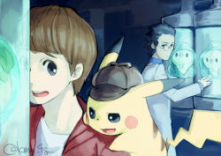 Rule 34 | 2boys, black eyes, closed mouth, clothed pokemon, commentary request, creature, creatures (company), deerstalker, detective pikachu, detective pikachu (character), detective pikachu (game), duosion, expressionless, game freak, gen 1 pokemon, gen 5 pokemon, glasses, hat, indoors, kimimi (kmm), lab coat, looking at another, male focus, multiple boys, nintendo, on shoulder, open mouth, pikachu, pokemon, pokemon (creature), pokemon on shoulder, signature, standing, tim goodman, wallace carroll