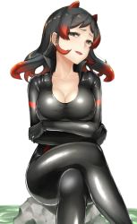 Rule 34 | 10s, 1girl, animal ears, backpack, bag, black bodysuit, black eyes, black gloves, black hair, bodysuit, breast hold, breasts, cleavage, collarbone, crossed legs, eyelashes, gloves, half-closed eyes, hippopotamus (kemono friends), kemono friends, large breasts, latex, latex suit, leather, long hair, looking at viewer, medium breasts, multicolored hair, pinta (ayashii bochi), red hair, shiny clothes, sitting, smile, solo, two-tone hair, v-neck, white background