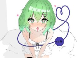 Rule 34 | 1girl, bare shoulders, blush, breasts, commentary request, foreshortening, green eyes, green hair, hair between eyes, heart, heart-shaped pupils, heart of string, highres, koishi day, komeiji koishi, leaning forward, lingerie, long hair, looking at viewer, negligee, no headwear, nose blush, on bed, open mouth, oral invitation, sitting, small breasts, solo, stitches, symbol-shaped pupils, third eye, tokihakonbu, tongue, tongue out, touhou, underwear