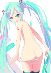 Rule 34 | 1girl, ass, back, blush, butt crack, character name, fang, from above, from behind, green eyes, green hair, green panties, gumo, hatsune miku, highres, long hair, looking at viewer, looking back, matching hair/eyes, open mouth, panties, panty pull, solo, standing, striped clothes, striped panties, thighhighs, topless, twintails, underwear, underwear only, very long hair, vocaloid