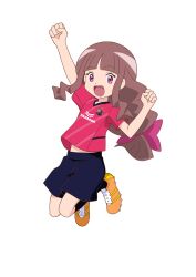 Rule 34 | 1girl, airborne, archived source, black shorts, black socks, bow, cerezo osaka, cleats, clenched hands, clothes writing, diagonal-striped shirt, digimon, digimon ghost game, hair bow, highres, kneehighs, long hair, looking at viewer, official art, open mouth, orange footwear, pink bow, pink shirt, purple eyes, shirt, shorts, sidelocks, simple background, smile, soccer uniform, socks, solo, sportswear, tongue, transparent background, tsukiyono ruli, two-tone footwear, yellow footwear