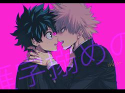 Rule 34 | 2boys, bakugou katsuki, blonde hair, boku no hero academia, foreground text, freckles, gakuran, green eyes, green hair, hand on another&#039;s neck, imminent kiss, letterboxed, looking at another, male focus, midoriya izuku, mkm (mkm storage), multiple boys, open mouth, pink background, red eyes, school uniform, signature, simple background, spiked hair, yaoi