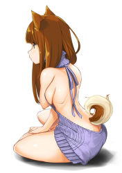 Rule 34 | 1girl, animal ears, ass, backless dress, backless outfit, bare back, bare shoulders, breasts, brown eyes, brown hair, butt crack, dog ears, dog girl, dog tail, drawstring, dress, from side, full body, halterneck, long hair, looking to the side, marubonman, medium breasts, meme attire, naked sweater, original, profile, ribbed sweater, shadow, sideboob, simple background, sitting, solo, sweater, sweater dress, tail, turtleneck, turtleneck sweater, virgin killer sweater, white background, yokozuwari