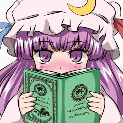 Rule 34 | 1girl, arabic text, blush, book, crescent, crescent moon, female focus, hat, looking at viewer, matching hair/eyes, mob cap, moon, patchouli knowledge, purple eyes, purple hair, solo, touhou, usakou