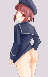 Rule 34 | 10s, 1girl, ass, bottomless, brown eyes, brown hair, clothes writing, from behind, hat, highres, ipuu (el-ane koubou), kantai collection, looking at viewer, looking back, naked shirt, shirt, shirt tug, short hair, solo, z3 max schultz (kancolle)